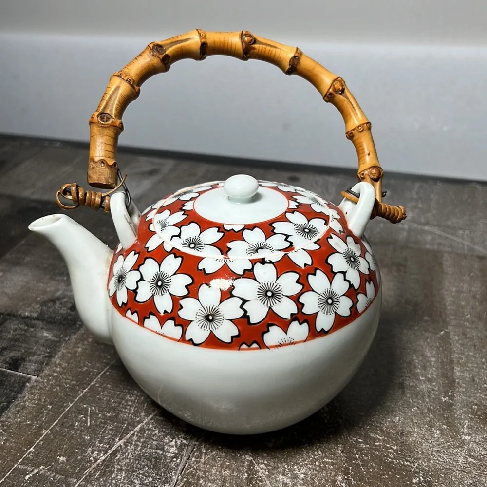 Vintage Asian Porcelain Tea Pot Name under Lid Rattan Handle - Picture 2 of 7